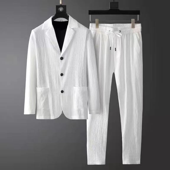 Cotton Linen Outfits Sets for Men Long Sleeve Button Lapel Shirts Casual Drawstring Pants Solid Color Two Piece Set Casual Suit