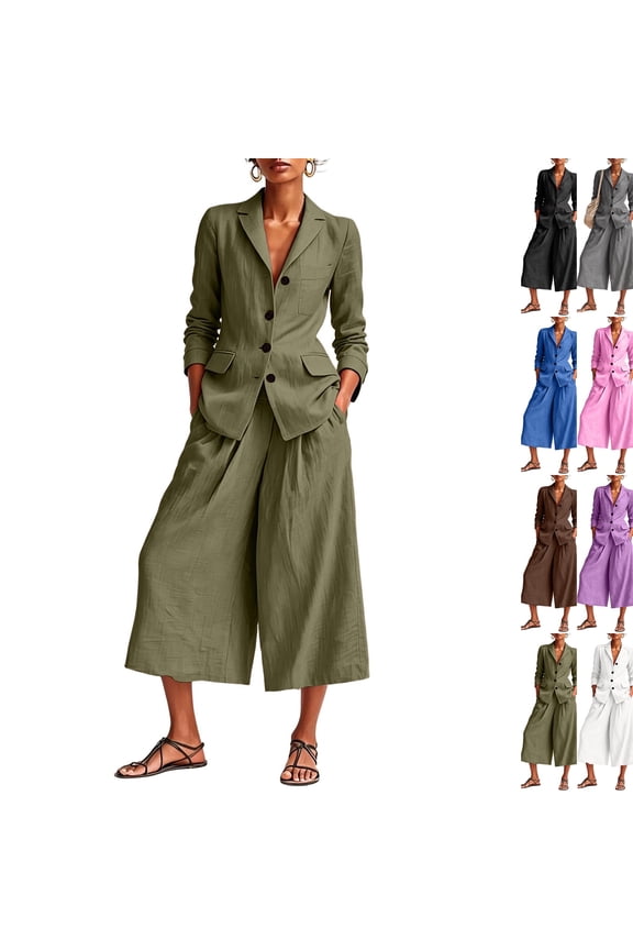 Cotton Linen Outfits Women 2 Piece Pants Set Business Suits V Neck Blazer Matching Culottes Cotton Linen Sets for Women Green L
