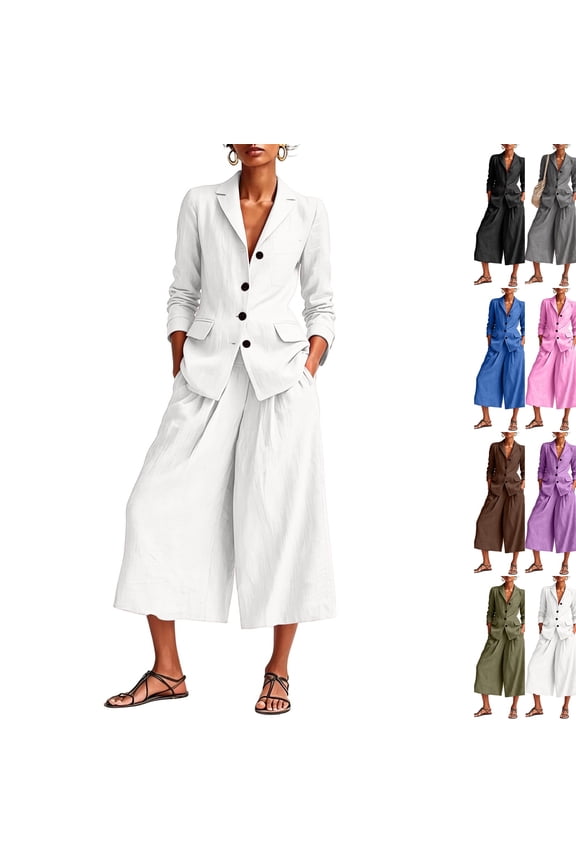 Cotton Linen Outfits Women 2 Piece Pants Set Business Suits V Neck Blazer Matching Culottes Cotton Linen Sets for Women White M