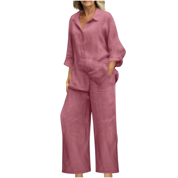 Cotton Linen Outfits Women Two Piece Beach Clothes Casual Button Plus Size Shirt Wide Leg Pants Sets with Pockets