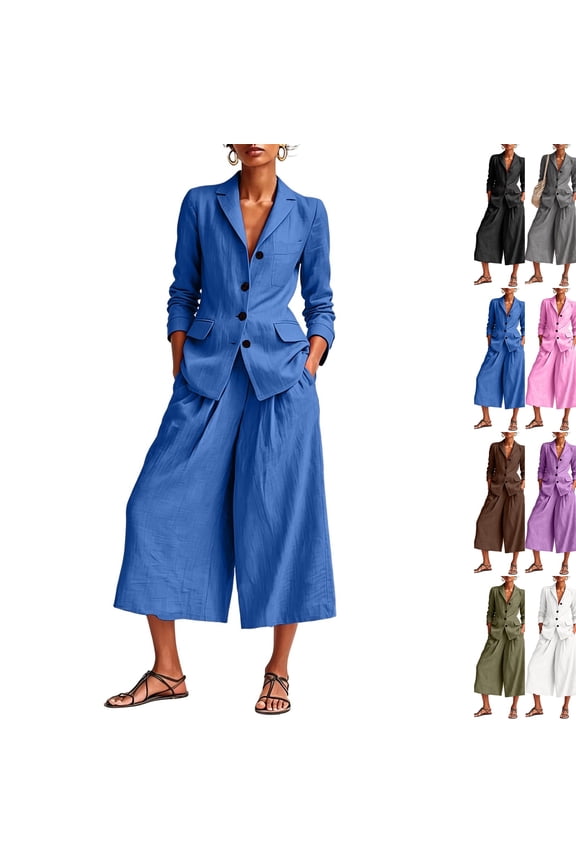 Cotton Linen Outfits Womens 2 Piece Blazer Jacket and Wide Leg Culottes Set Professional Casual Matching Suit Sets Blue L