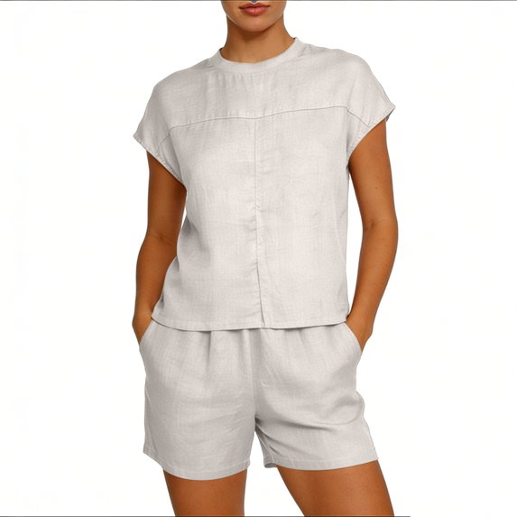 Cotton Linen Outfits for Women Summer Casual 2 Piece Sets Cap Short Sleeve Crewneck Top & Shorts with Pockets (2XL, Beige)