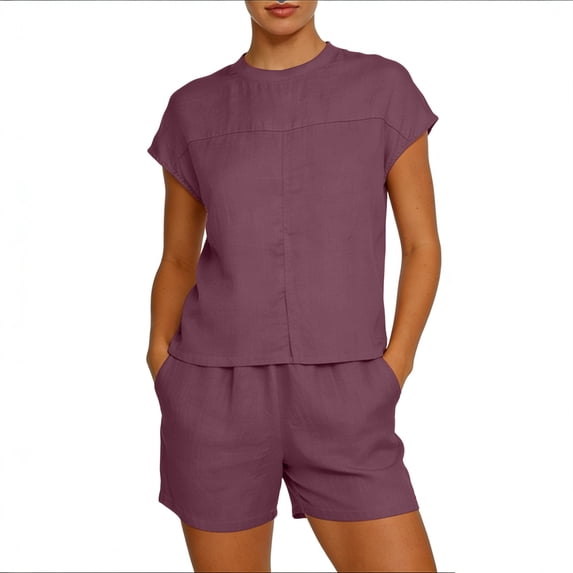 Cotton Linen Outfits for Women Summer Casual 2 Piece Sets Cap Short Sleeve Crewneck Top & Shorts with Pockets (3XL, Purple)