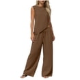 thumbnail image 1 of Cotton Linen Outfits for Women Summer Trendy Vacation Clothes 2 Piece Sleeveless Tank Top Wide Leg Pants Set (M, Brown), 1 of 6