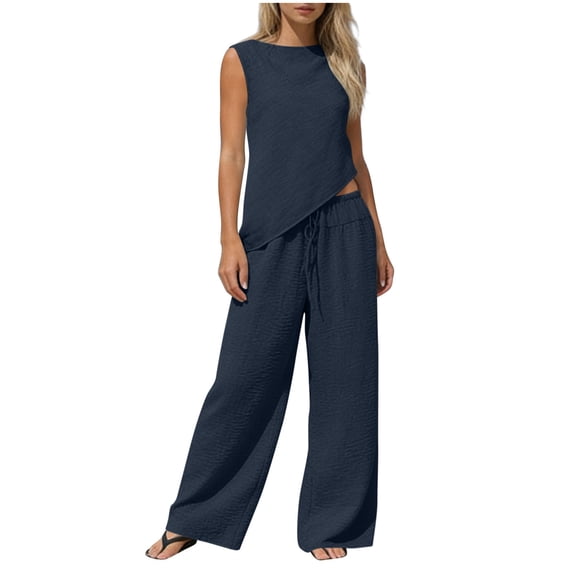Cotton Linen Outfits for Women Summer Trendy Vacation Clothes 2 Piece Sleeveless Tank Top Wide Leg Pants Set (XL, Navy)