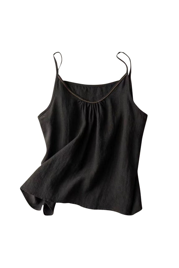 Cotton Linen Pajama for Womens Non-adjustable Spaghetti Vest Sleeveless Pleats Pajamas V Neck Top Relaxed Fit Nightwear Pure Color Loungewear Home Lounging Outfits