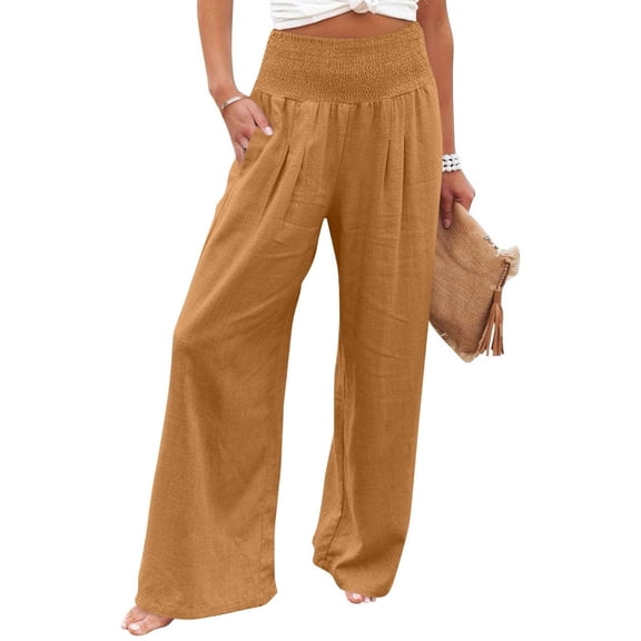 Cotton Linen Palazzo Pants Women Casual High Waisted Palazzo Pants Wide Leg Long Lounge Trendy Trousers Beach Pant Solid Vacation Casual Outfits, Light Brown