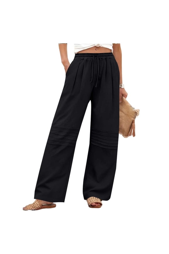 Cotton Linen Palazzo Pants for Women Casual High Waisted Drawstring Wide Leg Pants Fashion Pleated Knee Comfy Trousers Black 3XL