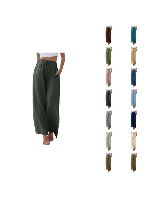 Cotton Linen Palazzo Pants for Women Lightweight Elastic High Waist Loose Fit Flowy Lounge Pants with Pockets Beach Trousers