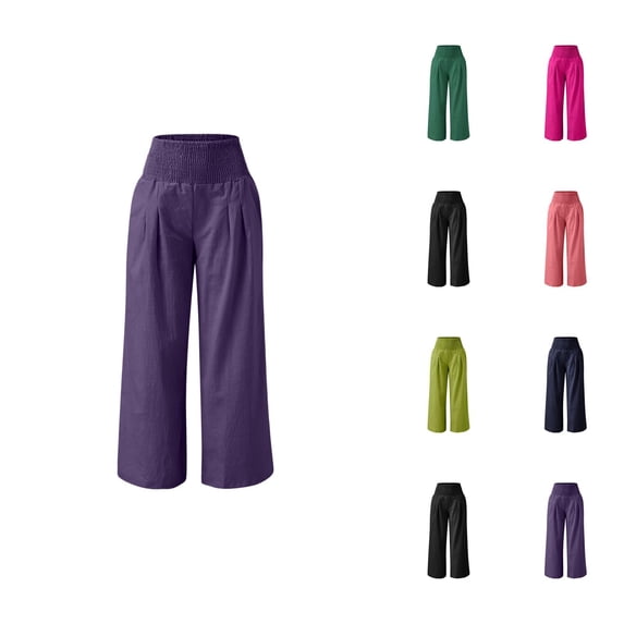 Cotton Linen Palazzo Pants for Women Smocked High Waisted Wide Leg Loose Fit Flowy Lounge Pants with Pockets Beach Trousers