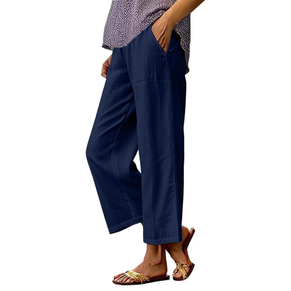 Cotton Linen Palazzo Pants for Women Wide Leg Elastic Waist Pants Loose Summer Slacks with Pockets for Beach Vacation