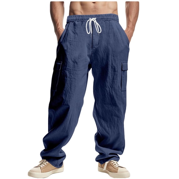 Cotton Linen Pants Men Cargo Hiking Multi-Pockets Drawstring Elastic Waist Lightweight Breathable Trousers Fathers Gift
