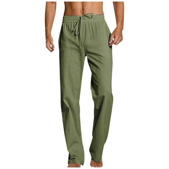 Cotton Linen Pants Men Casual Loose Fit Elastic Drawstring Waist Summer Beach Pants Olive Green