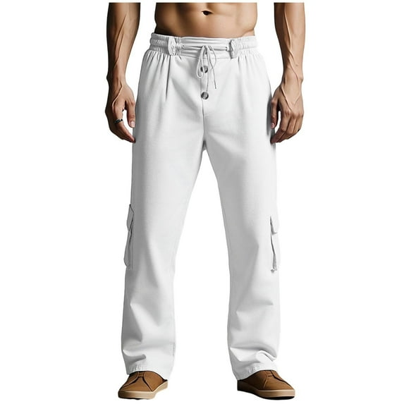 Men S Casual Trousers Regular Fit 2026.Cotton Linen Pants for Men Drawstring Elastic Waist Button Down Cargo ...