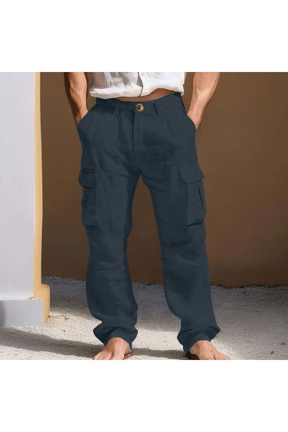 Cotton Linen Pants Men Summer Loose Fits Elastic Waist Button Down Cargo Pant Mens Casual Solid Plus Size Baggy Relaxed Lightweight Breathable Straight Leg Vacation Beach Pants