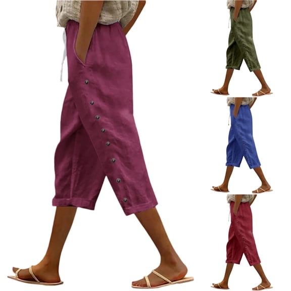 Cotton Linen Pants Women Capri Pants Lightweight Spring Summer Pants for Women 2026 Ladies Pants with Pockets Red S