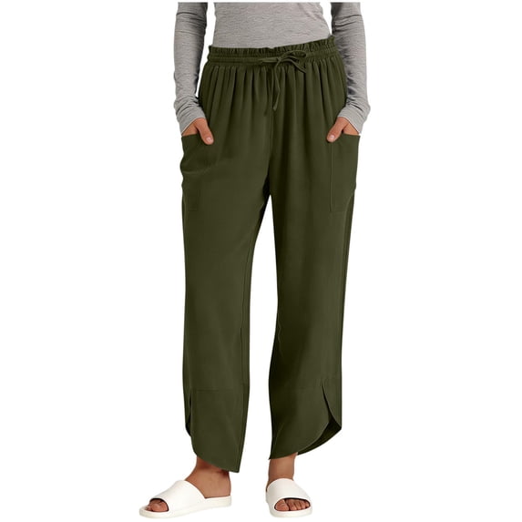 Cotton Linen Pants for Women Elastic Curved Hem Trousers with Pockets Drawstring Lightweight Summer Slacks Casual Trendy Bottoms Wide Leg Ankle Length Pants Green S