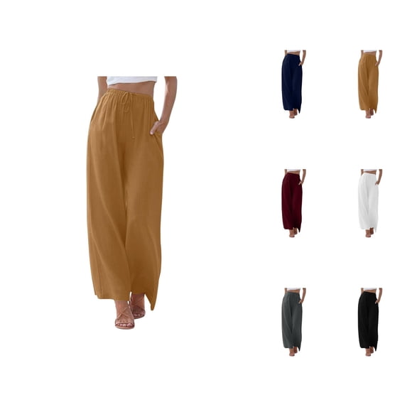 Cotton Linen Pants Women Elastic High Waist Wide Straight Leg Flowy Palazzo Pants with Pockets Beach Lounge Trousers