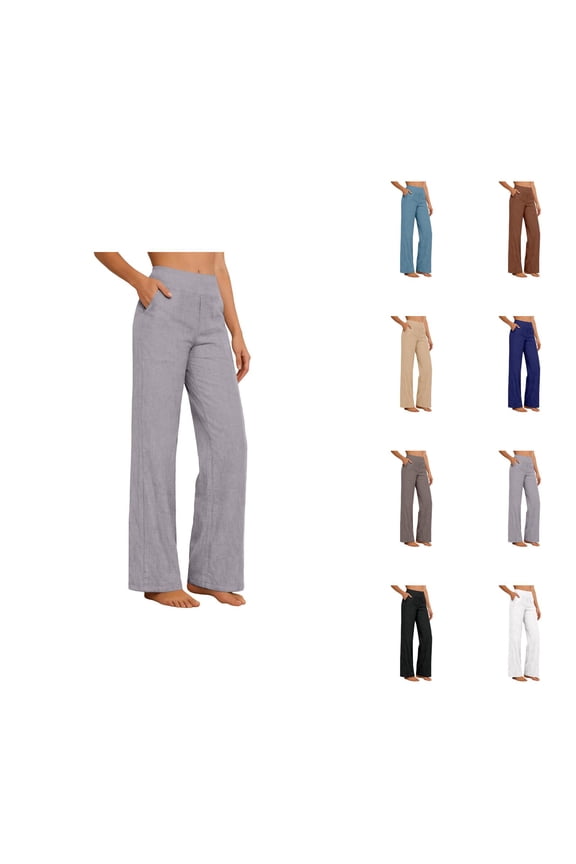 Cotton Linen Pants Women Elastic High Waist Wide Straight Leg Loose Lounge Pants with Pockets Work Trousers