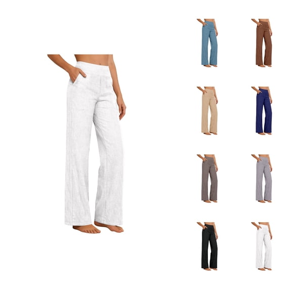 Cotton Linen Pants Women Elastic High Waist Wide Straight Leg Loose Lounge Pants with Pockets Work Trousers