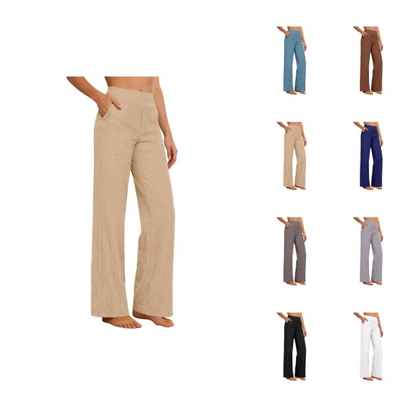 Cotton Linen Pants Women Elastic High Waist Wide Straight Leg Loose Lounge Pants with Pockets Work Trousers