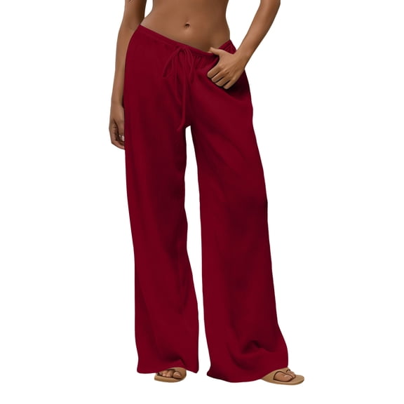 Cotton Linen Pants Women Flowy Comfy Low Rise Wide Leg Pants Casual Lounge Drawstring Boho Beach Palazoo Trousers Red 2XL