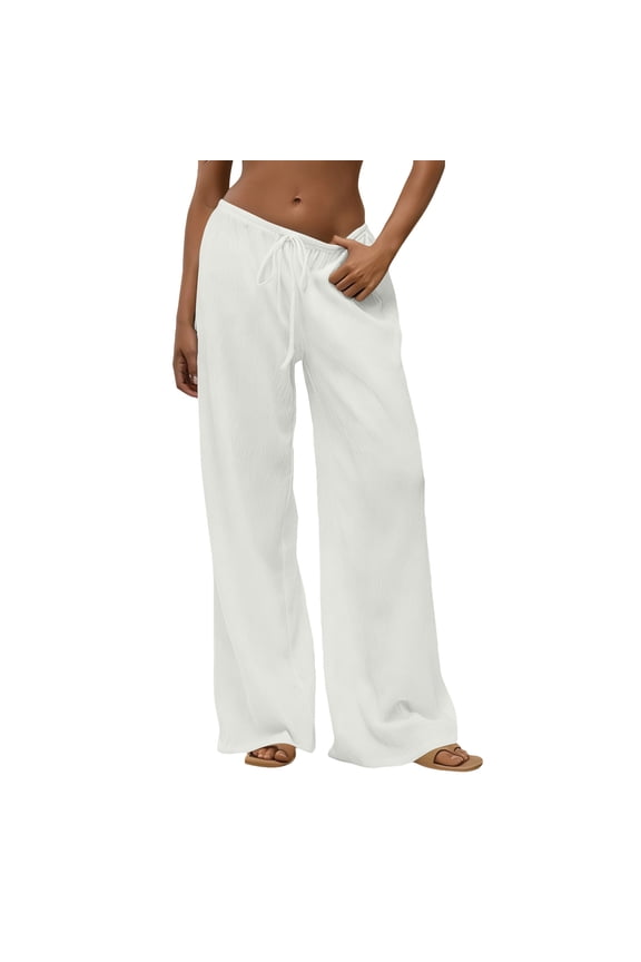 Cotton Linen Pants Women Flowy Comfy Low Rise Wide Leg Pants Casual Lounge Drawstring Boho Beach Palazoo Trousers White S