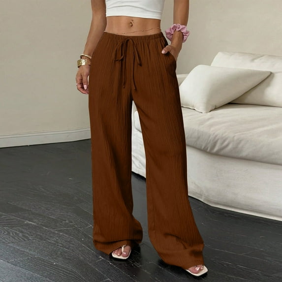 Cotton Linen Pants Women High Waisted Wide Leg Pants Comfy Drawstring Athletic Workout Gym Trousers with Pockets Coffee XL