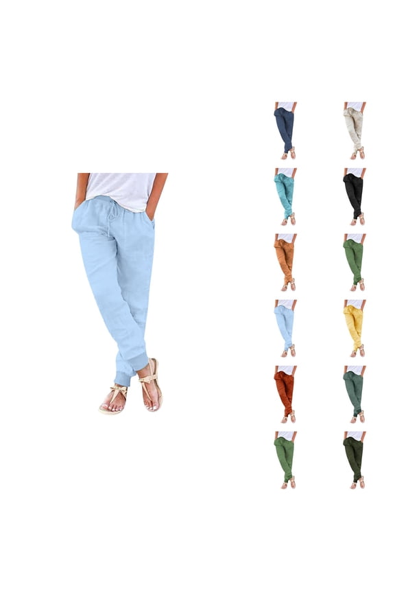 Cotton Linen Pants Women Lightweight Elastic High Waist Tapered Relaxed Fit Joggers with Pockets Jogging Pants