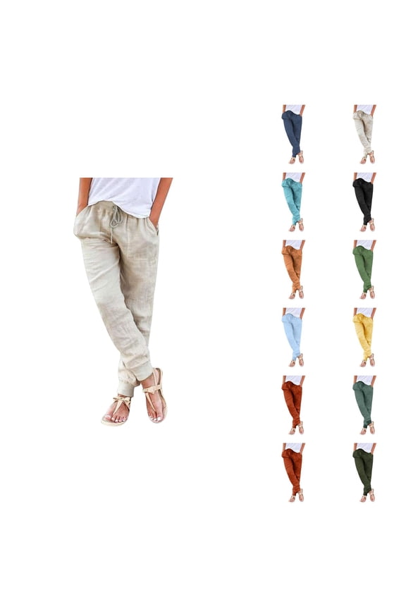 Cotton Linen Pants Women Lightweight Elastic High Waist Tapered Relaxed Fit Joggers with Pockets Jogging Pants
