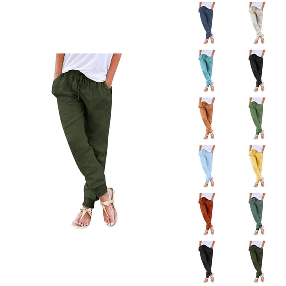 Cotton Linen Pants Women Lightweight Elastic High Waist Tapered Relaxed Fit Joggers with Pockets Jogging Pants