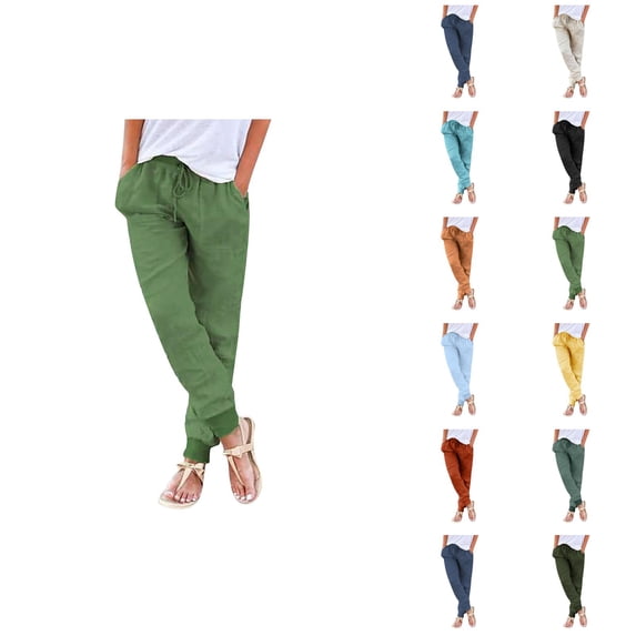 Cotton Linen Pants Women Lightweight Elastic High Waist Tapered Relaxed Fit Joggers with Pockets Jogging Pants