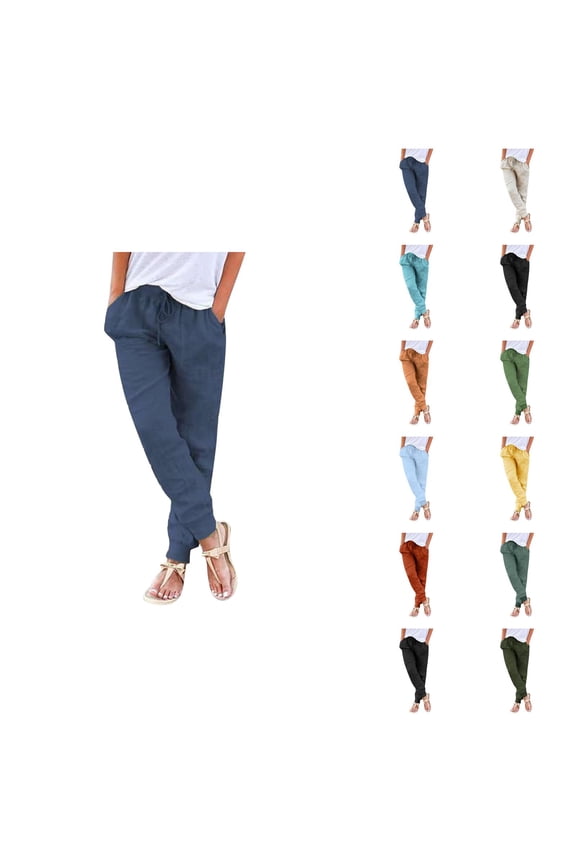 Cotton Linen Pants Women Lightweight Elastic High Waist Tapered Relaxed Fit Joggers with Pockets Jogging Pants