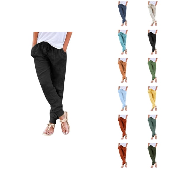 Cotton Linen Pants Women Lightweight Elastic High Waist Tapered Relaxed Fit Joggers with Pockets Jogging Pants