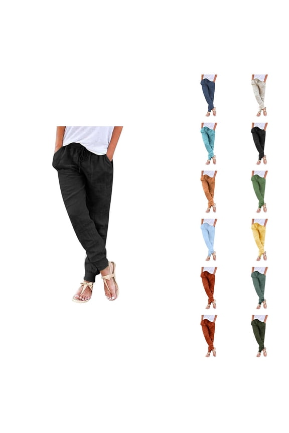 Cotton Linen Pants Women Lightweight Elastic High Waist Tapered Relaxed Fit Joggers with Pockets Jogging Pants
