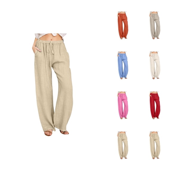 Cotton Linen Pants Women Lightweight Elastic High Waist Wide Straight Leg Loose Lounge Pants with Pockets Beach Trousers
