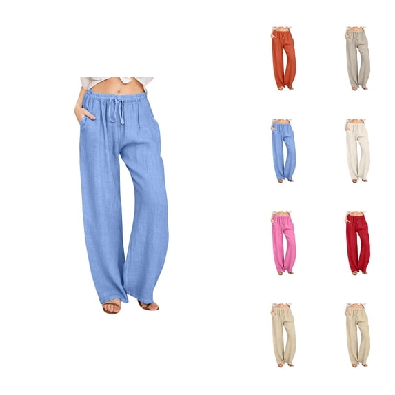 Cotton Linen Pants Women Lightweight Elastic High Waist Wide Straight Leg Loose Lounge Pants with Pockets Beach Trousers