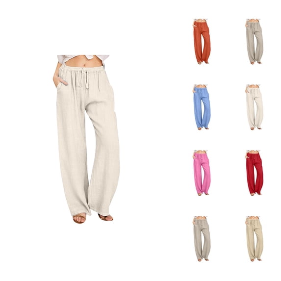 Cotton Linen Pants Women Lightweight Elastic High Waist Wide Straight Leg Loose Lounge Pants with Pockets Beach Trousers