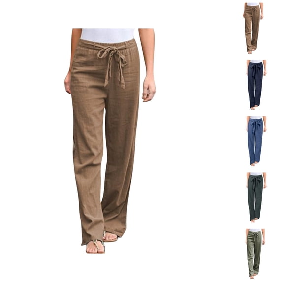 Cotton Linen Pants Women Lightweight Elastic Waist Belted Wide Straight Leg Loose Fit Lounge Pants Beach Trousers