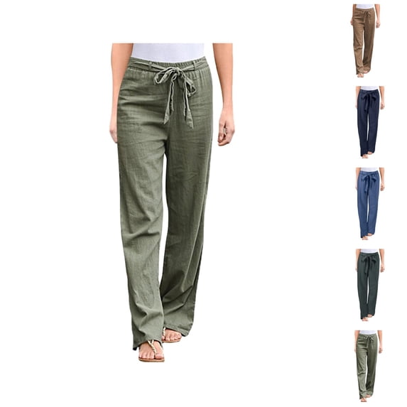 Cotton Linen Pants Women Lightweight Elastic Waist Belted Wide Straight Leg Loose Fit Lounge Pants Beach Trousers