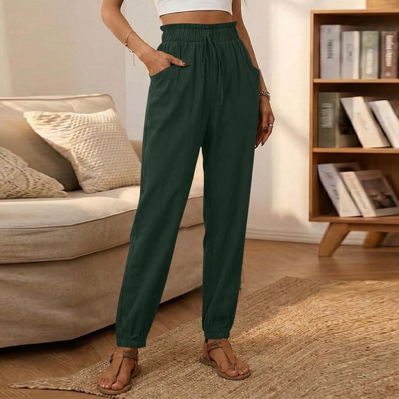 Cotton Linen Pants for Women Loose Fits Drawstring Elastic Waist Tapered Leg Pant Womens Summer Casual Solid Plus Size Relaxed Lightweight Breathable Trousers