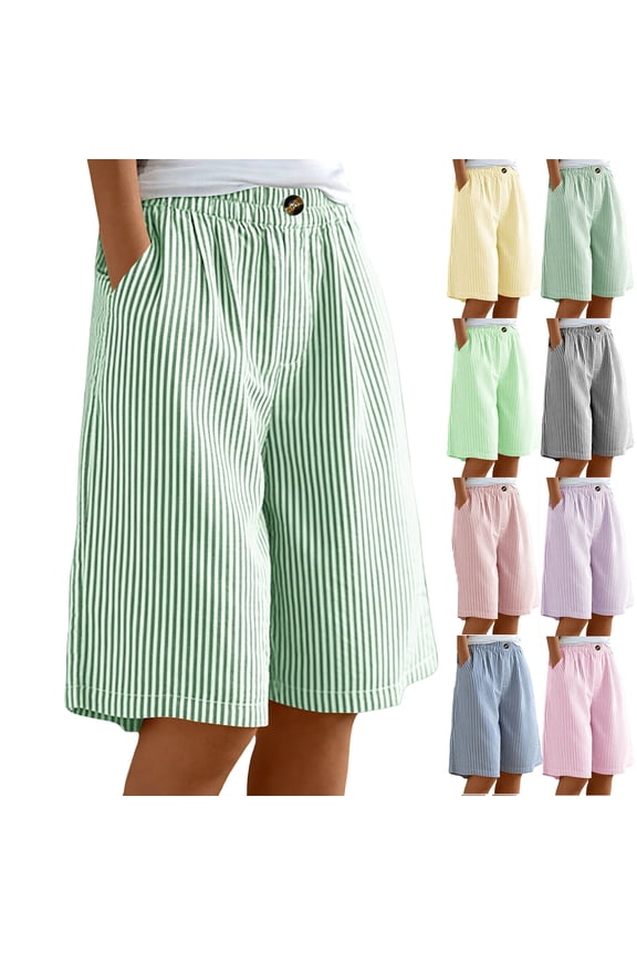 Cotton Linen Pants Women Palazzo Elastic Waist Plaid Gingham Wide Leg Pants
