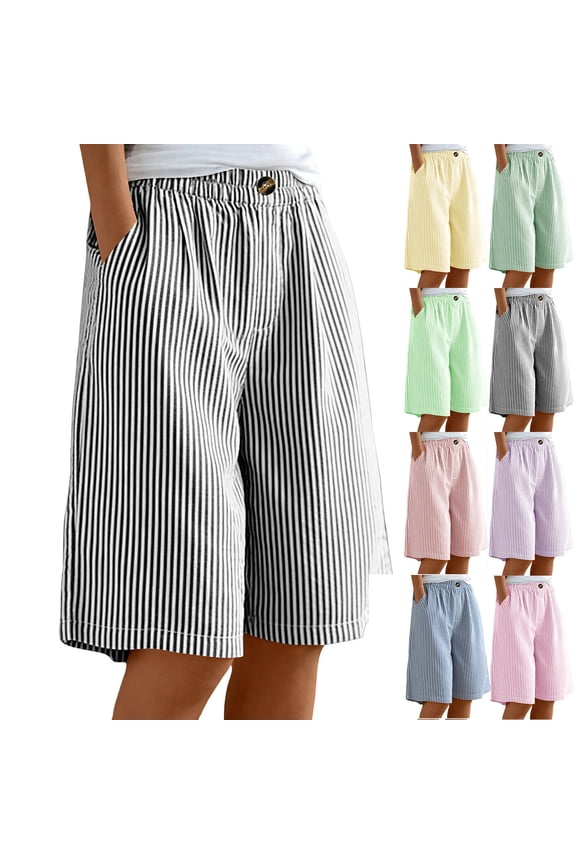 Cotton Linen Pants Women Palazzo Elastic Waist Plaid Gingham Wide Leg Pants