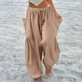 thumbnail image 1 of Cotton Linen Pants Women Plus Size Wide Leg High Waisted Ankle Length Drawstring Hippie Pants Baggy Elastic Waist Bohemian Harem Pantswith Pockets Khaki XXL, 1 of 9