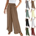 thumbnail image 1 of Cotton Linen Pants Women Smocked High Waisted Split Wide Leg Pants Summer Flowy Vacation Beach Pant with Pockets 2025, Light Brown XXL, 1 of 7
