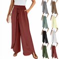 thumbnail image 1 of Cotton Linen Pants Women Smocked High Waisted Split Wide Leg Pants Summer Flowy Vacation Beach Pant with Pockets 2025, Vermilion M, 1 of 7