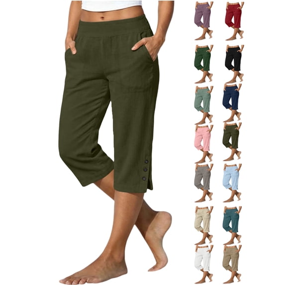 Cotton Linen Pants Women Solid Color Loose Straight Leg Pants with Pockets Side Slit Buttons Cropped Pants S-5XL