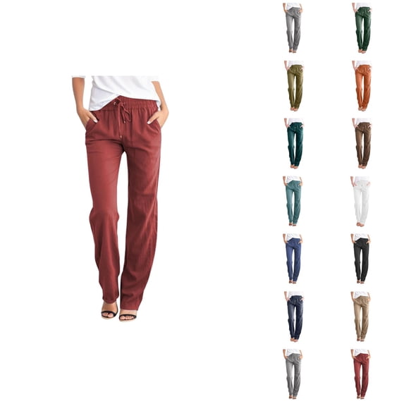 Cotton Linen Pants Women Spring Summer Lightweight Elastic Waist Drawstring Wide Straight Leg Work Pants with Pockets