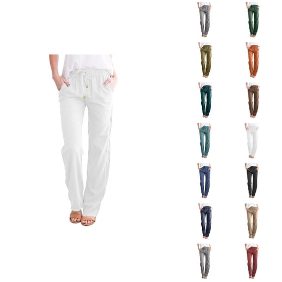 Cotton Linen Pants Women Spring Summer Lightweight Elastic Waist Drawstring Wide Straight Leg Work Pants with Pockets