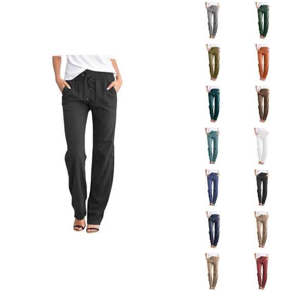 Cotton Linen Pants Women Spring Summer Lightweight Elastic Waist Drawstring Wide Straight Leg Work Pants with Pockets